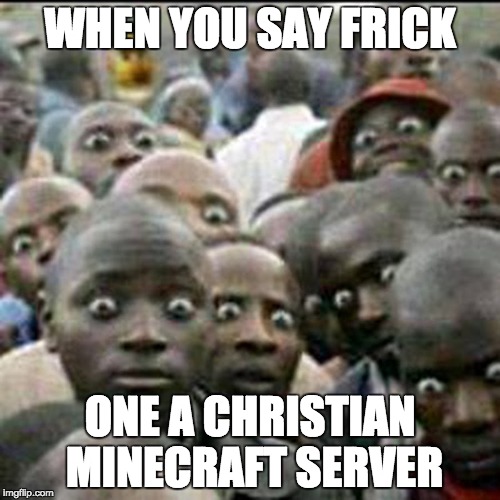 these how people look when they see soldiers passing by | WHEN YOU SAY FRICK; ONE A CHRISTIAN MINECRAFT SERVER | image tagged in these how people look when they see soldiers passing by | made w/ Imgflip meme maker