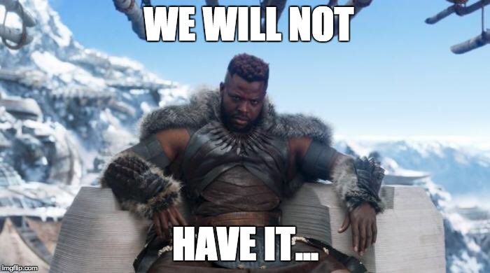 will not have it | WE WILL NOT; HAVE IT... | image tagged in m'baku,black panther | made w/ Imgflip meme maker