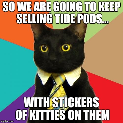 Business Cat | SO WE ARE GOING TO KEEP SELLING TIDE PODS... WITH STICKERS OF KITTIES ON THEM | image tagged in memes,business cat | made w/ Imgflip meme maker