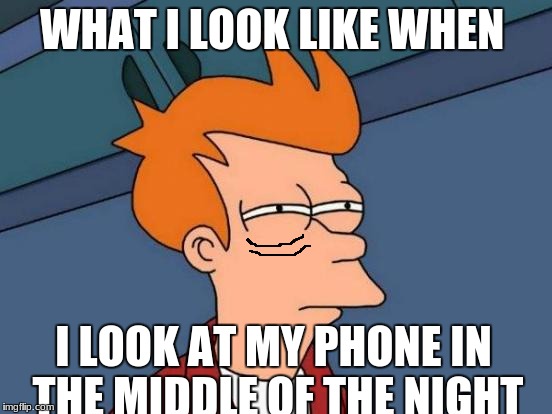 Futurama Fry | WHAT I LOOK LIKE WHEN; I LOOK AT MY PHONE IN THE MIDDLE OF THE NIGHT | image tagged in memes,futurama fry | made w/ Imgflip meme maker