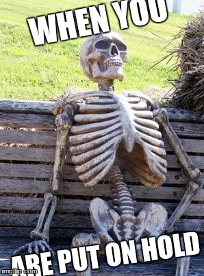 Waiting Skeleton | WHEN YOU; ARE PUT ON HOLD | image tagged in memes,waiting skeleton | made w/ Imgflip meme maker