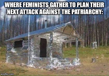 Tinfoil house | WHERE FEMINISTS GATHER TO PLAN THEIR NEXT ATTACK AGAINST THE PATRIARCHY: | image tagged in tinfoil house | made w/ Imgflip meme maker