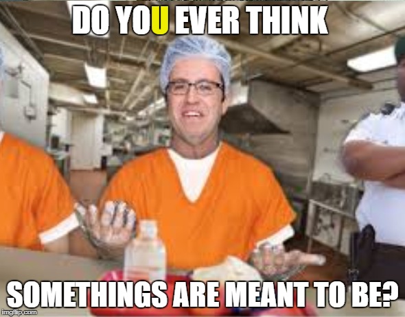 Jared Fogle's prison job | U; DO YO    EVER THINK; SOMETHINGS ARE MEANT TO BE? | image tagged in subway,footlong,jared from subway,funny,truth | made w/ Imgflip meme maker