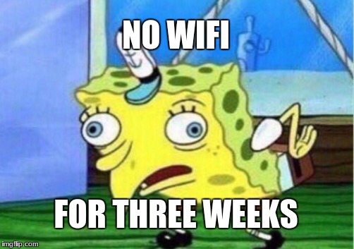 Mocking Spongebob | NO WIFI; FOR THREE WEEKS | image tagged in memes,mocking spongebob | made w/ Imgflip meme maker