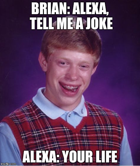 Bad Luck Brian | BRIAN: ALEXA, TELL ME A JOKE; ALEXA: YOUR LIFE | image tagged in memes,bad luck brian | made w/ Imgflip meme maker