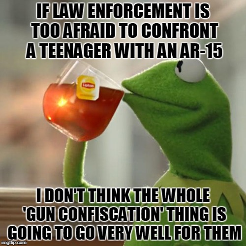 But That's None Of My Business | IF LAW ENFORCEMENT IS TOO AFRAID TO CONFRONT A TEENAGER WITH AN AR-15; I DON'T THINK THE WHOLE 'GUN CONFISCATION' THING IS GOING TO GO VERY WELL FOR THEM | image tagged in memes,but thats none of my business,kermit the frog | made w/ Imgflip meme maker