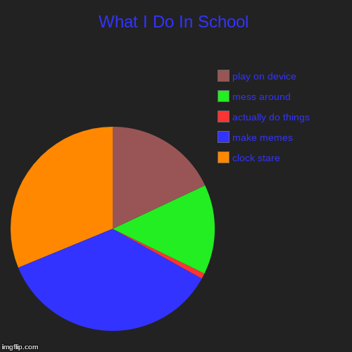 What I Do In School | clock stare, make memes, actually do things, mess around, play on device | image tagged in funny,pie charts,school | made w/ Imgflip chart maker