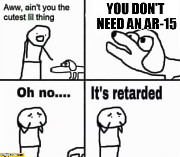 Oh no it's retarded! | YOU DON'T NEED AN AR-15 | image tagged in oh no it's retarded | made w/ Imgflip meme maker
