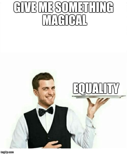waiter | GIVE ME SOMETHING MAGICAL; EQUALITY | image tagged in waiter | made w/ Imgflip meme maker