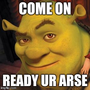 Shrek Sexy Face | COME ON; READY UR ARSE | image tagged in shrek sexy face | made w/ Imgflip meme maker