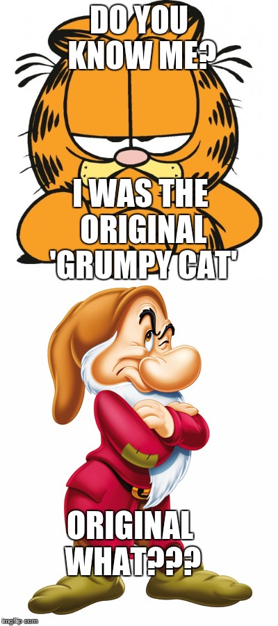 Memes through the ages. | DO YOU KNOW ME? I WAS THE ORIGINAL 'GRUMPY CAT'; ORIGINAL WHAT??? | image tagged in grumpy cat,garfield,grumpy,funny,memes | made w/ Imgflip meme maker
