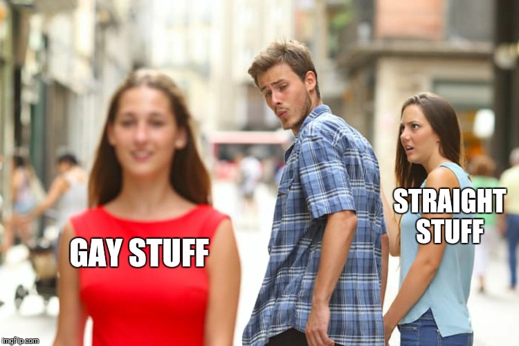 Distracted Boyfriend Meme | GAY STUFF STRAIGHT STUFF | image tagged in memes,distracted boyfriend | made w/ Imgflip meme maker