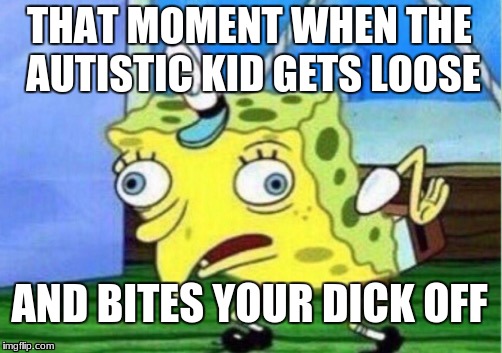 Mocking Spongebob Meme | THAT MOMENT WHEN THE AUTISTIC KID GETS LOOSE; AND BITES YOUR DICK OFF | image tagged in memes,mocking spongebob | made w/ Imgflip meme maker