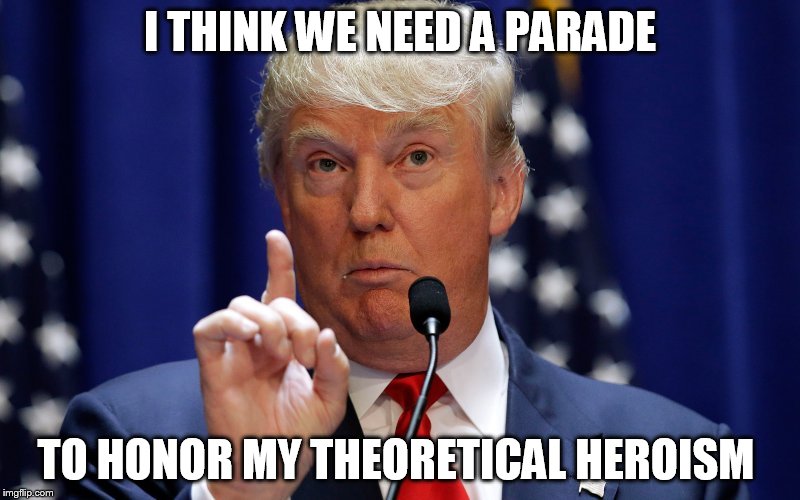 I would have rushed in like it was Vietnam | I THINK WE NEED A PARADE; TO HONOR MY THEORETICAL HEROISM | image tagged in donald trump,dump trump | made w/ Imgflip meme maker