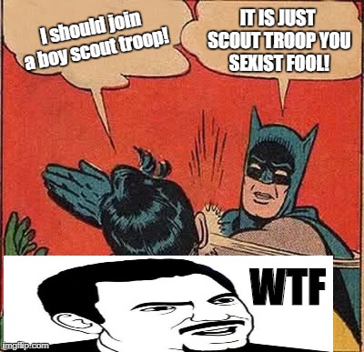 Batman Slapping Robin | I should join a boy scout troop! IT IS JUST SCOUT TROOP YOU SEXIST FOOL! WTF | image tagged in memes,batman slapping robin | made w/ Imgflip meme maker
