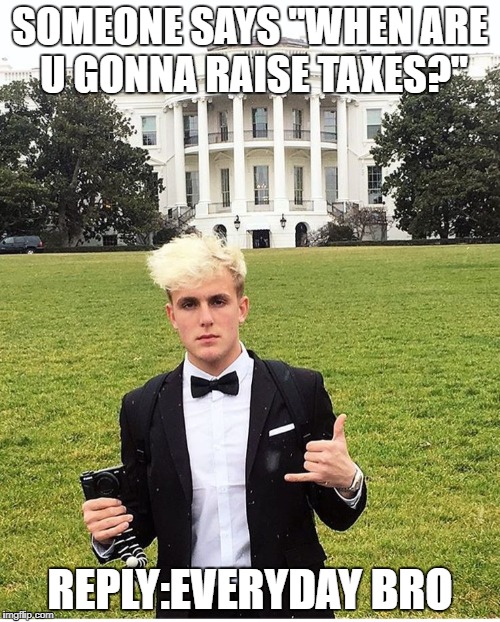 Jake Paul Tux | SOMEONE SAYS "WHEN ARE U GONNA RAISE TAXES?"; REPLY:EVERYDAY BRO | image tagged in jake paul tux | made w/ Imgflip meme maker