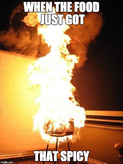 BBQ Grill on Fire | WHEN THE FOOD JUST GOT; THAT SPICY | image tagged in bbq grill on fire | made w/ Imgflip meme maker