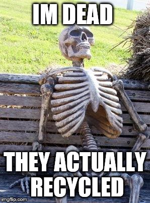 Waiting Skeleton Meme | IM DEAD; THEY ACTUALLY RECYCLED | image tagged in memes,waiting skeleton | made w/ Imgflip meme maker