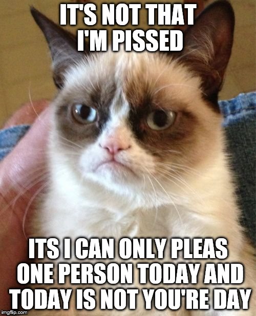 Grumpy Cat Meme | IT'S NOT THAT I'M PISSED; ITS I CAN ONLY PLEAS ONE PERSON TODAY AND TODAY IS NOT YOU'RE DAY | image tagged in memes,grumpy cat | made w/ Imgflip meme maker