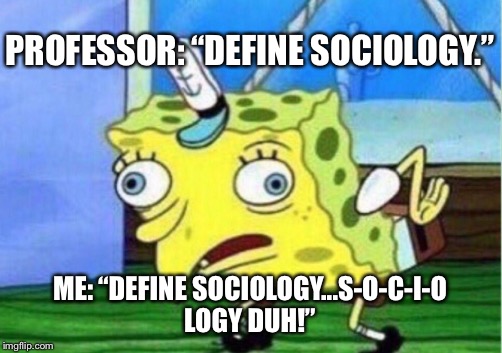 Mocking Spongebob Meme | PROFESSOR: “DEFINE SOCIOLOGY.”; ME: “DEFINE SOCIOLOGY...S-O-C-I-O LOGY DUH!” | image tagged in memes,mocking spongebob | made w/ Imgflip meme maker