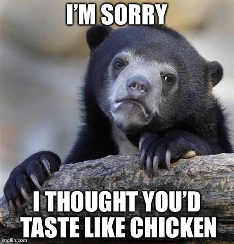 Confession Bear Meme |  I’M SORRY; I THOUGHT YOU’D TASTE LIKE CHICKEN | image tagged in memes,confession bear | made w/ Imgflip meme maker