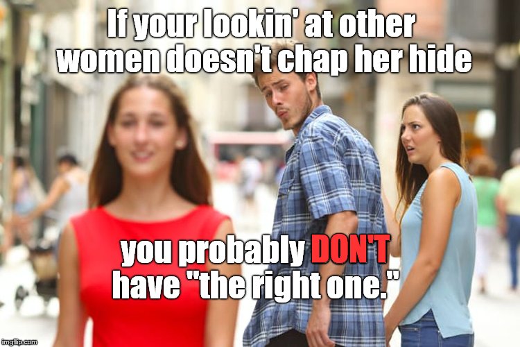 Distracted Boyfriend Meme | If your lookin' at other women doesn't chap her hide you probably DON'T have "the right one." DON'T | image tagged in memes,distracted boyfriend | made w/ Imgflip meme maker