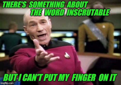 It's a riddle wrapped up in an enigma | THERE'S  SOMETHING  ABOUT; THE  WORD  INSCRUTABLE; BUT I CAN'T PUT MY  FINGER  ON IT | image tagged in memes,picard wtf,riddle,funny | made w/ Imgflip meme maker