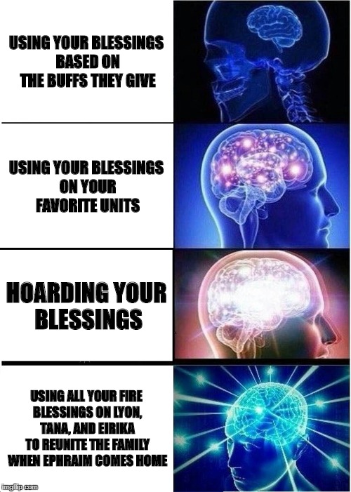 Expanding Brain Meme | USING YOUR BLESSINGS BASED ON THE BUFFS THEY GIVE; USING YOUR BLESSINGS ON YOUR FAVORITE UNITS; HOARDING YOUR BLESSINGS; USING ALL YOUR FIRE BLESSINGS ON LYON, TANA, AND EIRIKA TO REUNITE THE FAMILY WHEN EPHRAIM COMES HOME | image tagged in memes,expanding brain | made w/ Imgflip meme maker