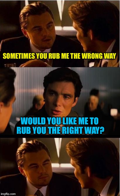 He's bluffing, maybe. | SOMETIMES YOU RUB ME THE WRONG WAY; WOULD YOU LIKE ME TO RUB YOU THE RIGHT WAY? | image tagged in inception,leonardo dicaprio,memes,funny | made w/ Imgflip meme maker