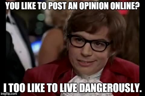 I Too Like To Live Dangerously | YOU LIKE TO POST AN OPINION ONLINE? I TOO LIKE TO LIVE DANGEROUSLY. | image tagged in memes,i too like to live dangerously | made w/ Imgflip meme maker
