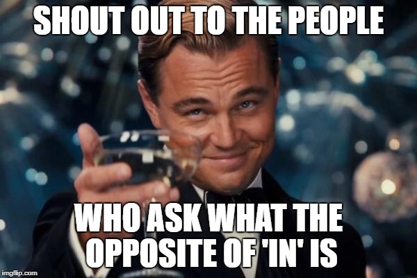 Leonardo Dicaprio Cheers Meme | SHOUT OUT TO THE PEOPLE; WHO ASK WHAT THE OPPOSITE OF 'IN' IS | image tagged in memes,leonardo dicaprio cheers | made w/ Imgflip meme maker