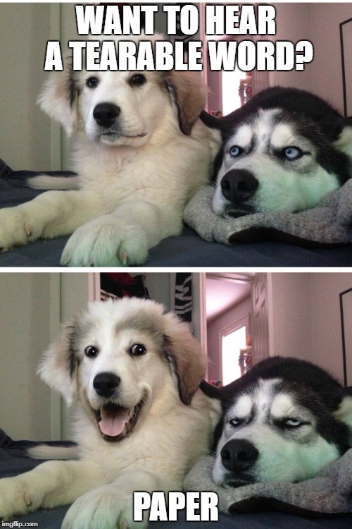 Bad pun dogs | WANT TO HEAR A TEARABLE WORD? PAPER | image tagged in bad pun dogs | made w/ Imgflip meme maker