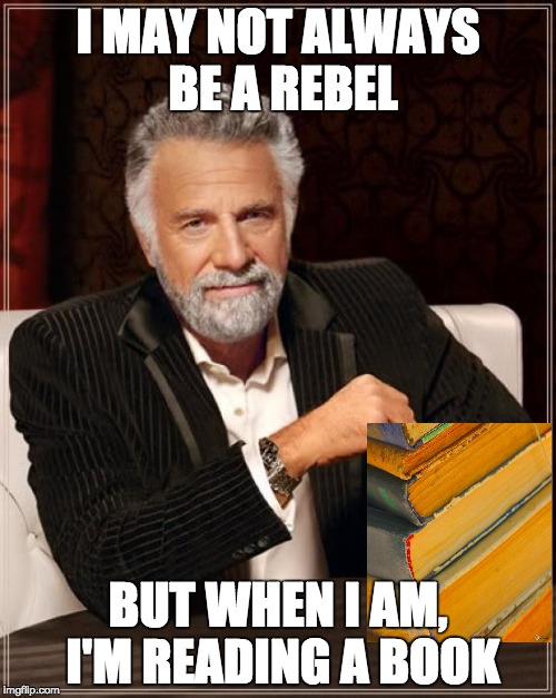 The Most Interesting Man In The World Meme | I MAY NOT ALWAYS BE A REBEL; BUT WHEN I AM, I'M READING A BOOK | image tagged in memes,the most interesting man in the world | made w/ Imgflip meme maker