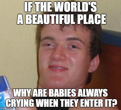 Could it be that sad for them to leave their world? | IF THE WORLD'S A BEAUTIFUL PLACE; WHY ARE BABIES ALWAYS CRYING WHEN THEY ENTER IT? | image tagged in memes,10 guy,dank memes,bad puns,funny,flat earth | made w/ Imgflip meme maker