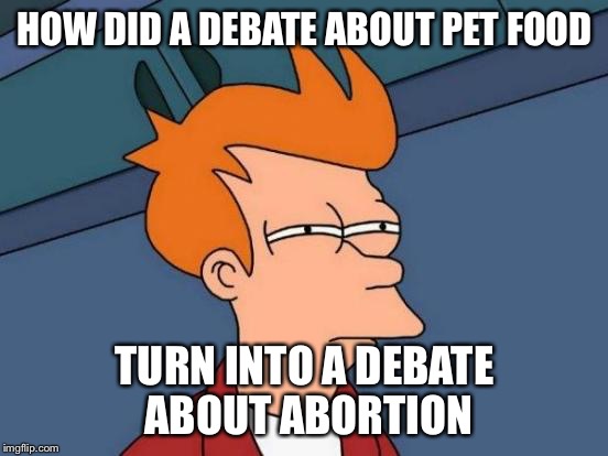 Debates Get So Out Of Hand Sometimes | HOW DID A DEBATE ABOUT PET FOOD; TURN INTO A DEBATE ABOUT ABORTION | image tagged in memes,futurama fry,debate | made w/ Imgflip meme maker