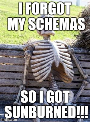 Waiting Skeleton Meme | I FORGOT MY SCHEMAS; SO I GOT SUNBURNED!!! | image tagged in memes,waiting skeleton | made w/ Imgflip meme maker