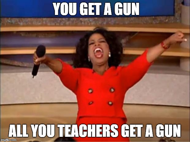 Oprah You Get A | YOU GET A GUN; ALL YOU TEACHERS GET A GUN | image tagged in memes,oprah you get a | made w/ Imgflip meme maker