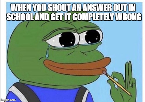 WHEN YOU SHOUT AN ANSWER OUT IN SCHOOL AND GET IT COMPLETELY WRONG | image tagged in pepe,pepe the frog,memes | made w/ Imgflip meme maker