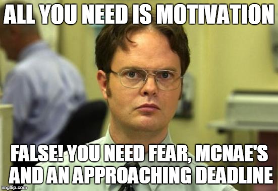 Dwight Schrute Meme | ALL YOU NEED IS MOTIVATION; FALSE! YOU NEED FEAR, MCNAE'S AND AN APPROACHING DEADLINE | image tagged in memes,dwight schrute | made w/ Imgflip meme maker