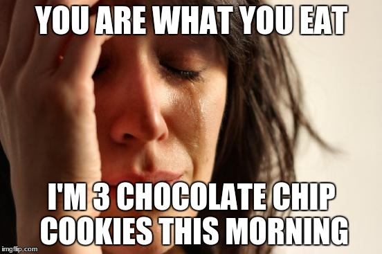You are what you eat | YOU ARE WHAT YOU EAT; I'M 3 CHOCOLATE CHIP COOKIES THIS MORNING | image tagged in memes,first world problems,you are what you eat | made w/ Imgflip meme maker