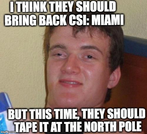 10 Guy Meme | I THINK THEY SHOULD BRING BACK CSI: MIAMI; BUT THIS TIME, THEY SHOULD TAPE IT AT THE NORTH POLE | image tagged in memes,10 guy | made w/ Imgflip meme maker