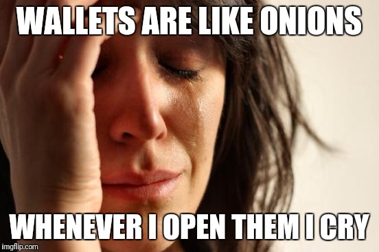 First World Problems Meme | WALLETS ARE LIKE ONIONS WHENEVER I OPEN THEM I CRY | image tagged in memes,first world problems | made w/ Imgflip meme maker