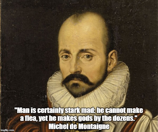 "Man is certainly stark mad: he cannot make a flea, yet he makes gods by the dozens." Michel de Montaigne | made w/ Imgflip meme maker