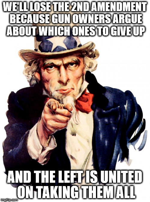 Uncle Sam Meme | WE'LL LOSE THE 2ND AMENDMENT BECAUSE GUN OWNERS ARGUE ABOUT WHICH ONES TO GIVE UP; AND THE LEFT IS UNITED ON TAKING THEM ALL | image tagged in memes,uncle sam | made w/ Imgflip meme maker