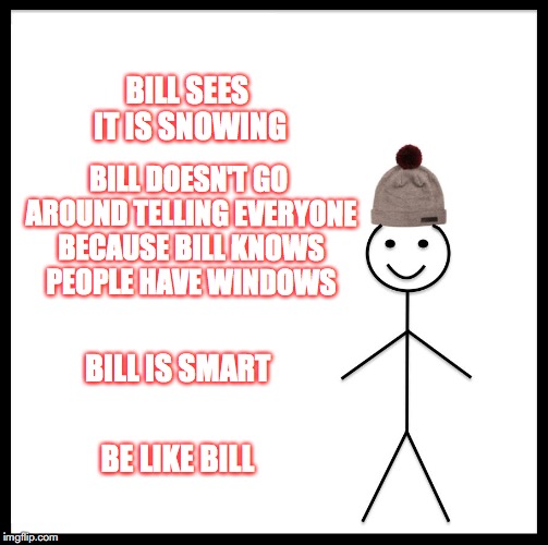 Be Like Bill Meme | BILL SEES IT IS SNOWING; BILL DOESN'T GO AROUND TELLING EVERYONE BECAUSE BILL KNOWS PEOPLE HAVE WINDOWS; BILL IS SMART; BE LIKE BILL | image tagged in memes,be like bill | made w/ Imgflip meme maker