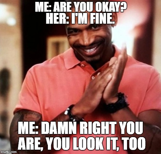 pick up lines. | ME: ARE YOU OKAY? HER: I'M FINE. ME: DAMN RIGHT YOU ARE, YOU LOOK IT, TOO | image tagged in pick up lines | made w/ Imgflip meme maker