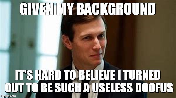 Jared Kushner Makes Life Realization After Being Played For A Rube By US Enemies | GIVEN MY BACKGROUND; IT'S HARD TO BELIEVE I TURNED OUT TO BE SUCH A USELESS DOOFUS | image tagged in memes,political humor,jared kushner,donald trump,political meme | made w/ Imgflip meme maker