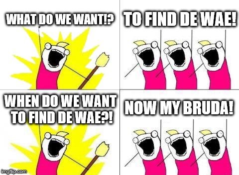 What Do We Want Meme | WHAT DO WE WANT!? TO FIND DE WAE! NOW MY BRUDA! WHEN DO WE WANT TO FIND DE WAE?! | image tagged in memes,what do we want | made w/ Imgflip meme maker