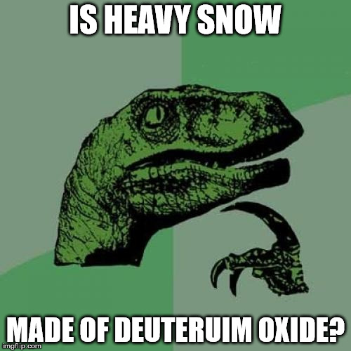 Philosoraptor Meme | IS HEAVY SNOW; MADE OF DEUTERUIM OXIDE? | image tagged in memes,philosoraptor | made w/ Imgflip meme maker