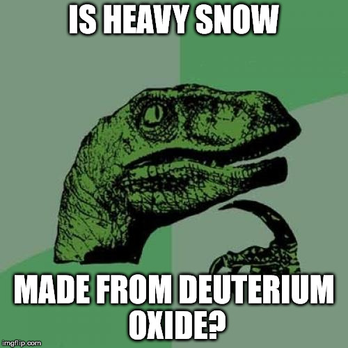 Philosoraptor Meme | IS HEAVY SNOW; MADE FROM DEUTERIUM OXIDE? | image tagged in memes,philosoraptor | made w/ Imgflip meme maker